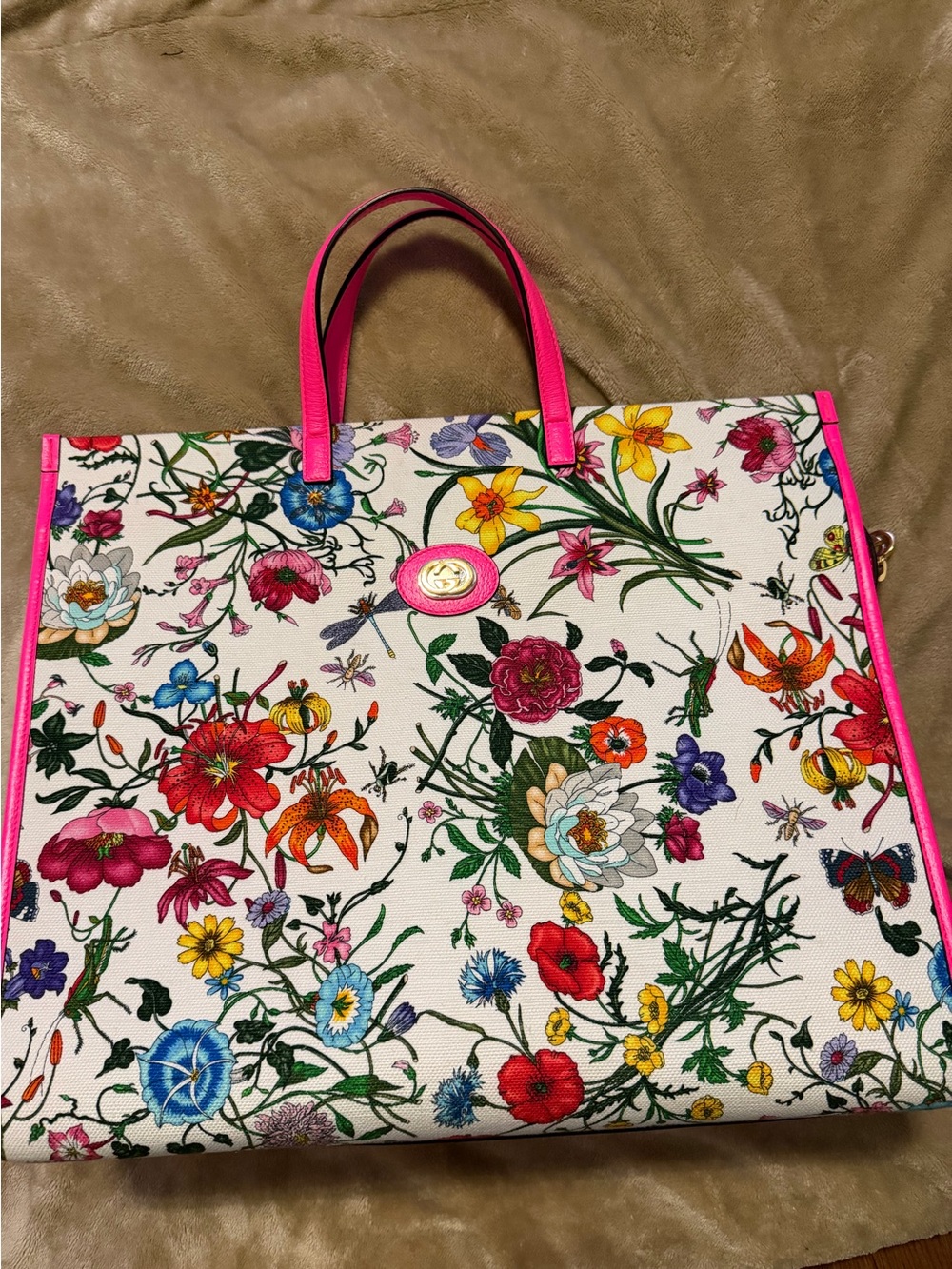 Gucci Floral Print Tote Bag with Pink Handles
